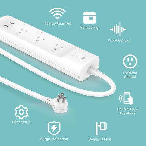 Smart Power Strip With 3 Independent Outlets And 2 USB Ports, Surge Protector For Home And Office, shown in white on blue background