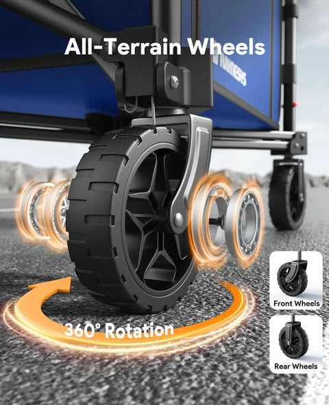Close-up of all-terrain wheels on Indigo Collapsible Wagon Cart With Wheels 220 Lb Capacity Foldable Grocery Shopping Cart 120L Utility Wagon
