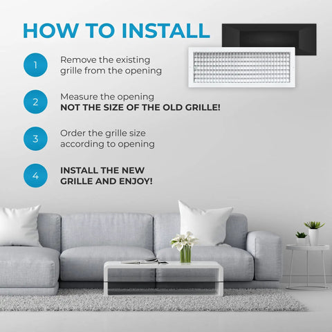 Installation guide for Heavy Duty 24x8 Inch Wall Vent Cover For AC Vents Premium Rustproof Aluminum Grille with white sofa setup.