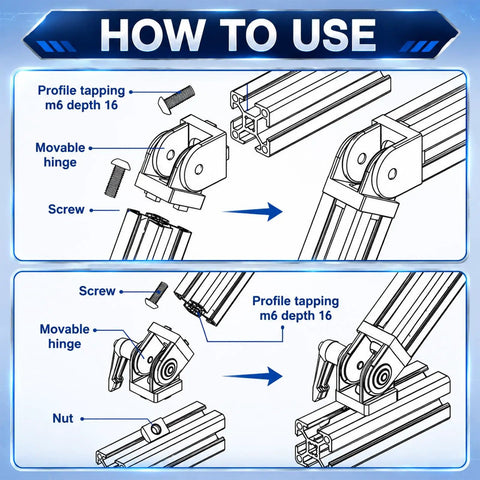 Assembly guide for 8 Pack Pivot Hinge Bracket Kit For 2020 T Slot Aluminum Extrusion With Zinc Alloy Swivel Angle Connectors and Handles