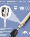 All In One Dual Function Pipe Thread Cutter Kit For Half Inch Three Quarter Inch And One Inch PVC Pipes With Internal And External Threading No Fuss Electric Drill Compatible Pipe Threader Set showing a drill and pipe connection.