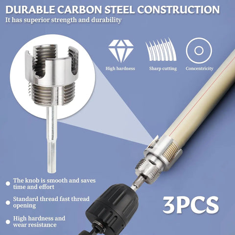 All In One Dual Function Pipe Thread Cutter Kit For Half Inch Three Quarter Inch And One Inch PVC Pipes With Internal And External Threading No Fuss Electric Drill Compatible Pipe Threader Set showing a drill and pipe connection.