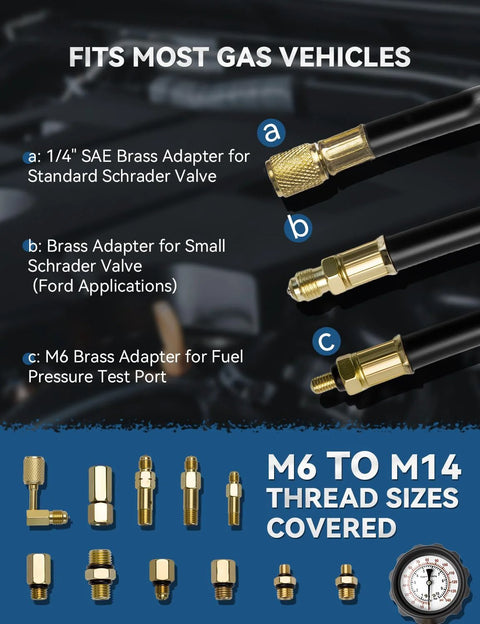 AUTOWN fuel pressure tester kit with brass adapters and gauge, 0-140 PSI, M6 to M14 threads