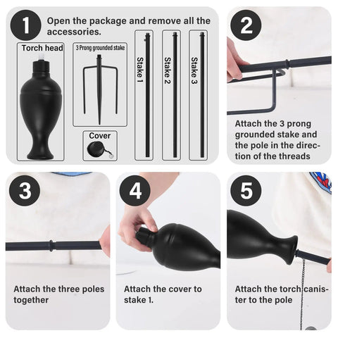Assembly instructions for 6 Pack Outdoor Metal Torches With 58 Inch Height Extra Large Citronella Torches for patio pathway and party lighting.