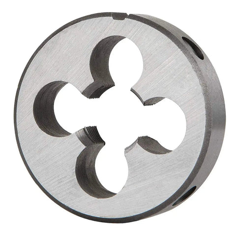 Close-up of silver tone round die from M12 X 1.25mm HSS Tap And Die Set For Metric Threads Right Hand Tap And Round Die Pro Grade High Speed Steel