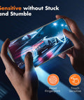Iphone 16 Pro Max Screen Protector Kit 3 Pack Full Coverage Tempered Glass 9H Hardness Bubble Free Easy Install Frame Military Grade Shatterproof Drop Proof For 6.9 Inch Display in use, showing touch sensitivity and fingerprint resistance.