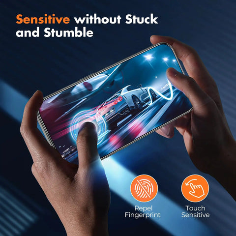 Iphone 16 Pro Max Screen Protector Kit 3 Pack Full Coverage Tempered Glass 9H Hardness Bubble Free Easy Install Frame Military Grade Shatterproof Drop Proof For 6.9 Inch Display in use, showing touch sensitivity and fingerprint resistance.
