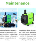 Small Pond Pump With Hose 45W 800 GPH Adjustable Flow Circulates 500 To 1200 Gallons image showing two pump angles and maintenance tips