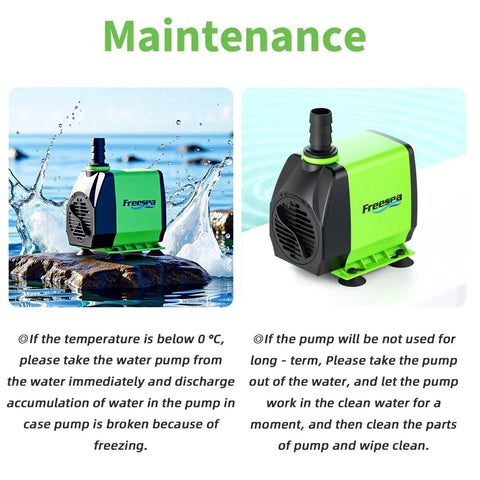 Small Pond Pump With Hose 45W 800 GPH Adjustable Flow Circulates 500 To 1200 Gallons image showing two pump angles and maintenance tips