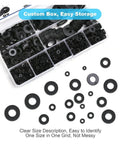 Nylon Flat Washers Set 1200 Pcs Insulation Anti Corrosion Black M2 To M12 Engineering Plastic Washers Standard Parts Repair Kit For Electronics Circuit Boards And General Hardware Projects, sorted in clear box