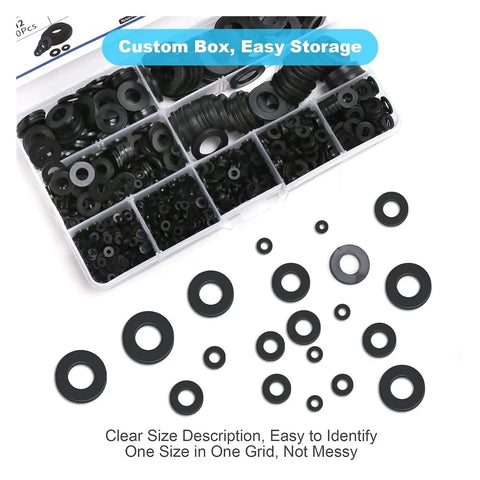 Nylon Flat Washers Set 1200 Pcs Insulation Anti Corrosion Black M2 To M12 Engineering Plastic Washers Standard Parts Repair Kit For Electronics Circuit Boards And General Hardware Projects, sorted in clear box