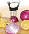 Hendiy onion slicer with black plastic handle and stainless steel prongs for slicing onions.