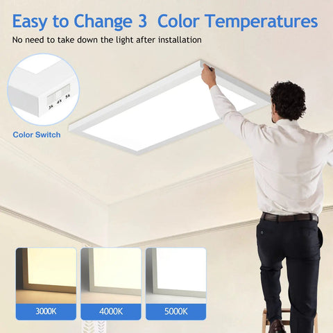Man installing 1x2 Ft LED Flat Panel Light Flush Mount, Dimmable Surface Mount Ceiling Fixture with adjustable color temperatures.