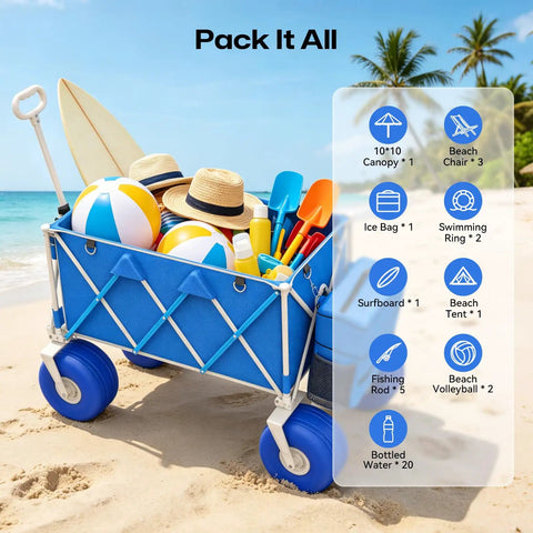 Ten Point Five Inch Balloon Wheel Beach Wagon Heavy Duty All Terrain Cart For Soft Sand with beach items at the shore.
