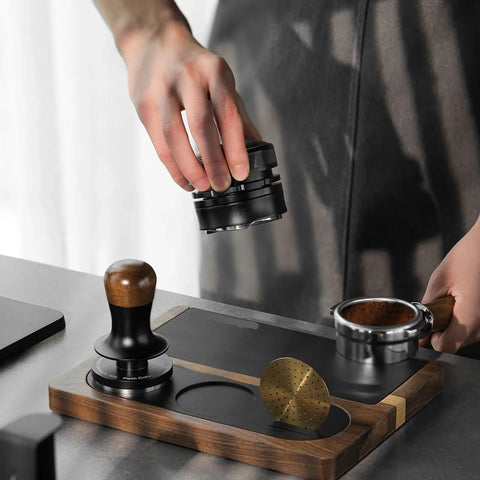 No Sweat Solid Wood And Non Slip Silicone Espresso Tamping Mat Fits All Standard 51 To 58 Millimeter Portafilters in use.