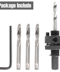 Front view of 7/16-inch hole saw arbor kit with quick-change mandrel, 4 HSS pilot bits, hex key
