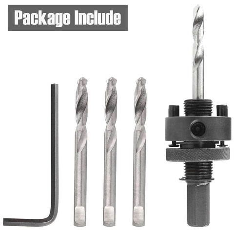 Front view of 7/16-inch hole saw arbor kit with quick-change mandrel, 4 HSS pilot bits, hex key