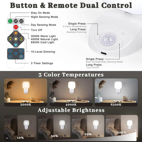 Button and remote control features of Straight Up Heavy Duty Wireless Motion Sensor Led Wall Lights With Rechargeable 6000 Mah Battery And Nifty Remote Control No Sweat Installation For Indoor Staircase Or Closet Lighting.