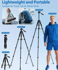 Beefy Heavy Duty Aluminum Camera Tripod With 19 To 75 Inch Extendable Height shown with carry bag and comparison to model height.