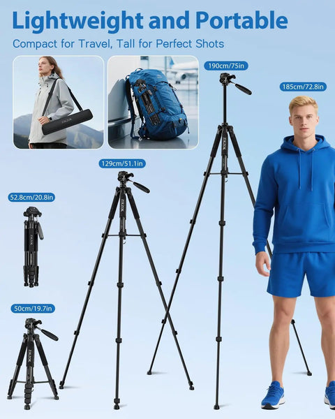 Beefy Heavy Duty Aluminum Camera Tripod With 19 To 75 Inch Extendable Height shown with carry bag and comparison to model height.