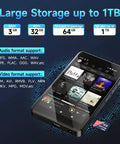G4S 96GB MP3 Player With Bluetooth and WiFi Android 14 showing album playlist and storage options with SD card
