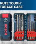 Bosch HCK001 7-piece SDS-Plus Bulldog rotary hammer bit set in a blue case with red bit holders.