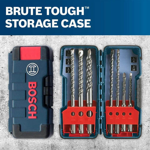 Bosch HCK001 7-piece SDS-Plus Bulldog rotary hammer bit set in a blue case with red bit holders.