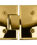 Polished Brass Glass To Glass Hinge With Rounded Corners And Beveled Edges designed for heavy duty shower doors, showcasing a sleek finish.