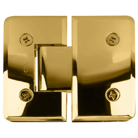 Polished Brass Glass To Glass Hinge With Rounded Corners And Beveled Edges designed for heavy duty shower doors, showcasing a sleek finish.