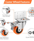 Heavy Duty Swivel Casters L Shaped Mount Double Ball Bearing Rock Solid Frame showing durable brake, 360 degree rotation, and strong wheels.