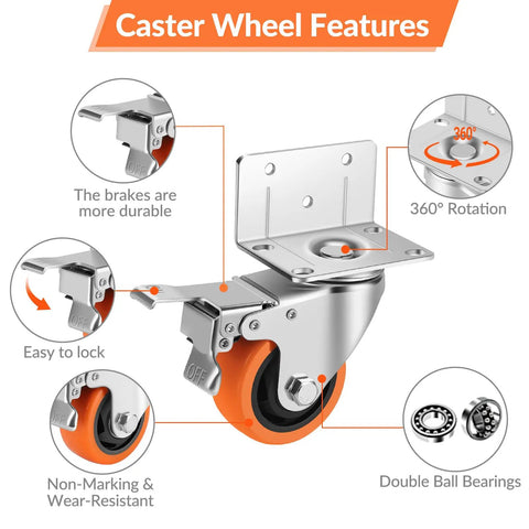 Heavy Duty Swivel Casters L Shaped Mount Double Ball Bearing Rock Solid Frame showing durable brake, 360 degree rotation, and strong wheels.