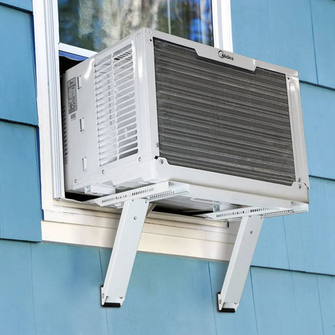 Heavy Duty No Drill Window AC Bracket That Holds Up To 200 Lbs in use with white window air conditioner on blue wall exterior.