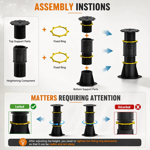 Assembly instructions for Rock Solid 4 Pack Adjustable Bed Support Legs 8.5 To 13 Inch with parts and locking mechanism highlighted.