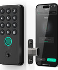 Go Smart Lock With Fingerprint And Digital Keys installed on door beside smartphone app interface, shown in use.
