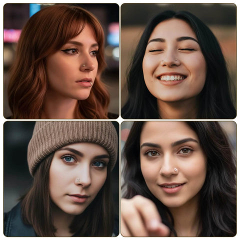 Four women wearing Gold Zircon Nose Studs 20 Piece Set Dope Threadless Flat Back Nose Jewelry 18G 20G