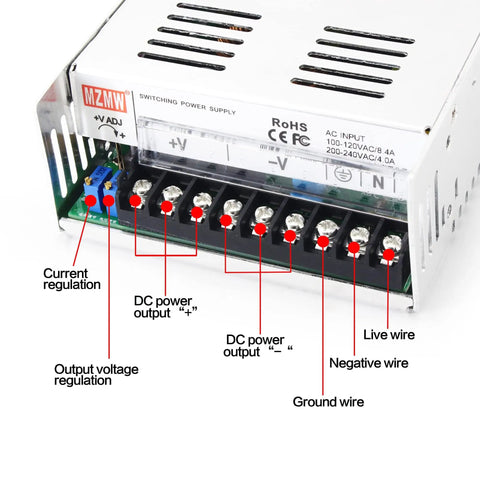 600W 24V DC Switching Power Supply showing output terminals and regulation controls, labeled for LED, CCTV, and motor use.