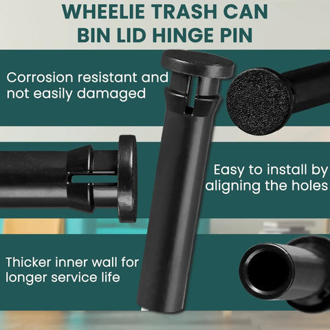 Two Pack Wheelie Trash Can Lid Hinge Pins Replacement For Rehrig Sierra Huskylite 95-Gallon Bins, black plastic, close-up view.