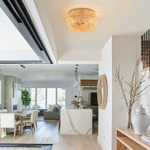 Natural Rattan Flush Mount Ceiling Light Fixture In Antique Brass Brush Finish With Two Lights Farmhouse Chandelier lit in a living room