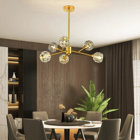 Gold Sputnik Crystal Chandelier, 6 Light Modern Dining Room Fixture Over Table, Glam Brass Finish Lighting For Living Room