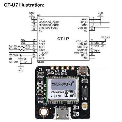 GT U7 GPS Module Kit Two Pack With Active Antenna High Sensitivity Navigation Receiver schematic and module image