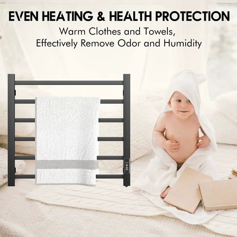 Towel Warmer Wall Mount Black 6 Bar Stainless Steel Heated Drying Rack with towel, cozy bathroom scene with baby in towel