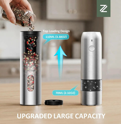 Rechargeable Electric Salt And Pepper Grinder Set With USB C Charging Dock Stainless Steel Auto Grinders on kitchen counter