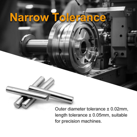 Close-up of Heavy-Duty 25Pc Stainless Steel Dowel Pins Set, 5mm Diameter By 25mm Length, 304 Grade, next to a precision machine