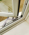 Concealed Casement Hinge, Upper Left Lower Right Type, E-Gard Finish, stainless steel, installed on window, 10 inch track length