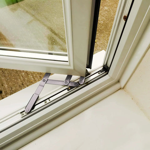 Concealed Casement Hinge, Upper Left Lower Right Type, E-Gard Finish, stainless steel, installed on window, 10 inch track length