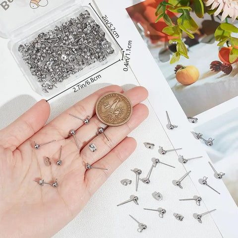 Stainless Steel Ball Stud Earring Findings 4mm Ball Set 100Pcs Studs And Nuts Box Durable Non Tarnish Jewelry Making Supplies For DIY Earrings And Projects, with box