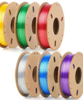 Silk PLA 3D Printer Filament Bundle, 6 Color Set In Gold Silver Red Green Blue Purple, High Gloss Finish, 250g Each, spools view
