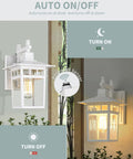 White Exterior Light Fixtures 2 Pack Dusk To Dawn Outdoor Wall Lanterns With Cast Aluminum Housing Built To Last shown on and off