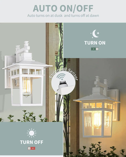 White Exterior Light Fixtures 2 Pack Dusk To Dawn Outdoor Wall Lanterns With Cast Aluminum Housing Built To Last shown on and off