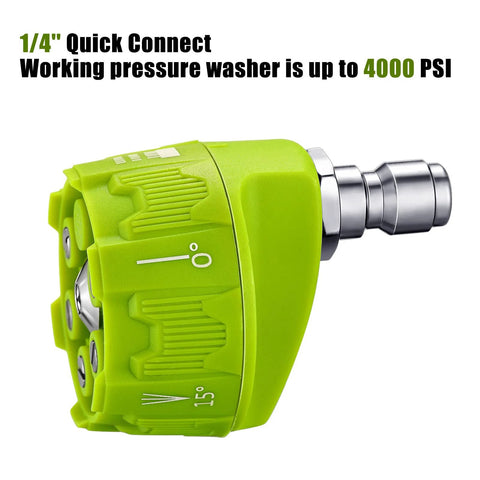 Green 1/4-inch quick-connect pressure washer nozzle, side view with adjustable spray settings and metal tip.